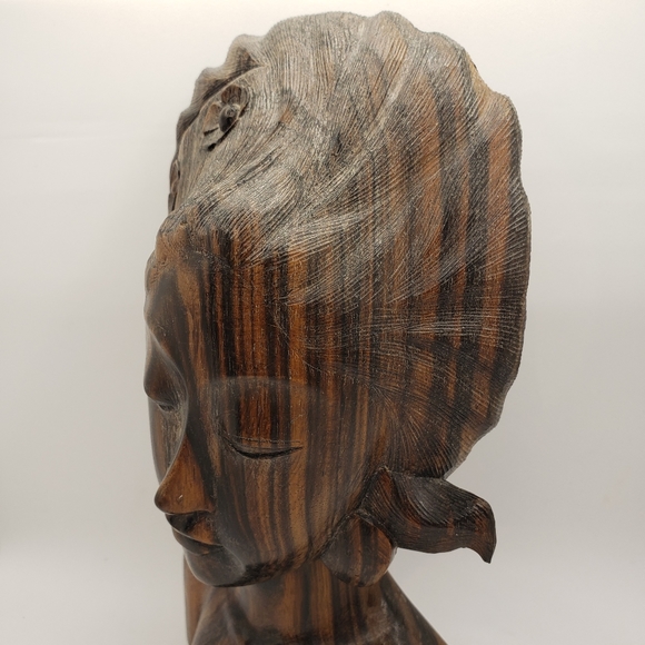 Balinese Handcarved Signed Striped Rosewood Womans Bust Statue - Picture 5 of 13